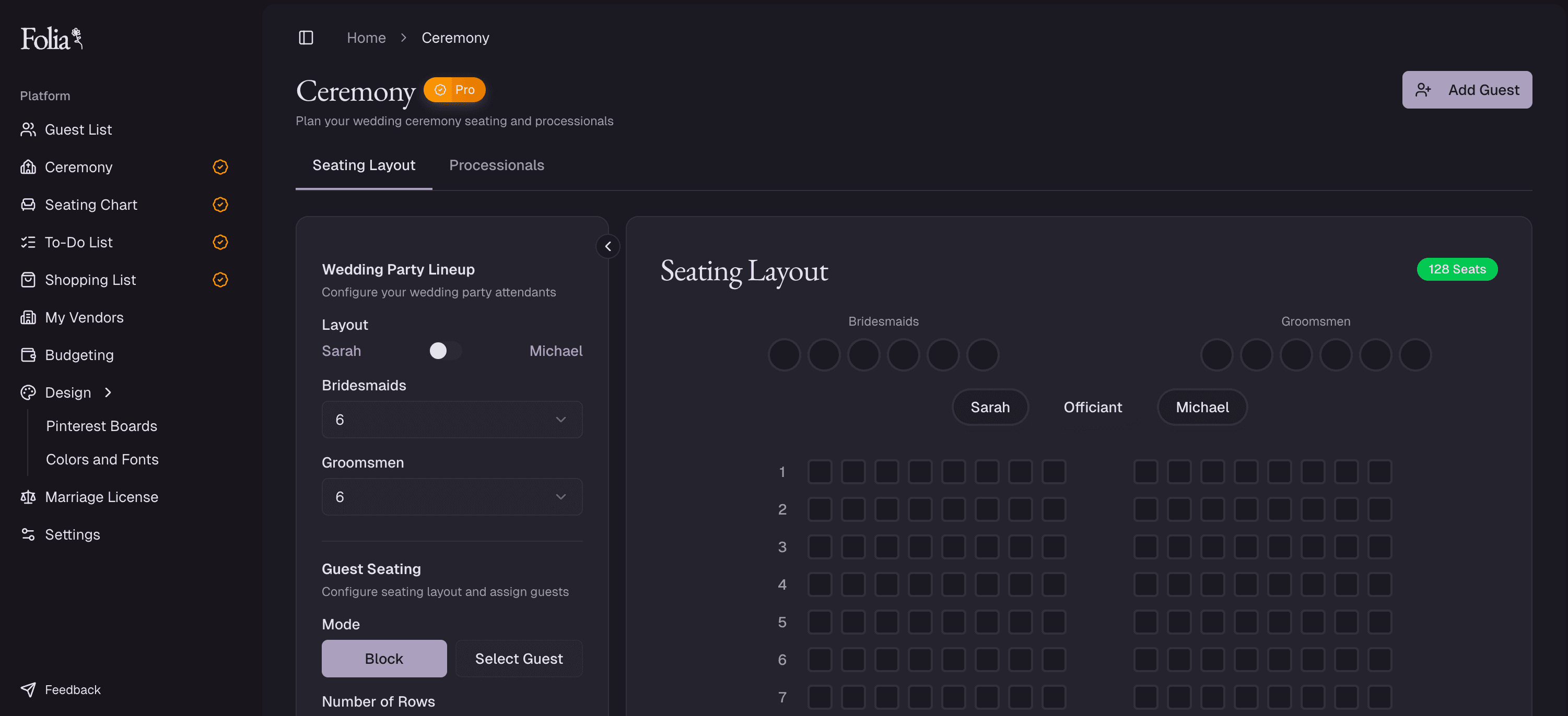Folia Wedding Planner Suite dashboard